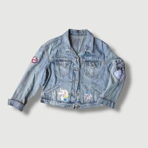 Cropped Distressed Cotton Denim Punk Patches Jean Jacket Large Old Navy